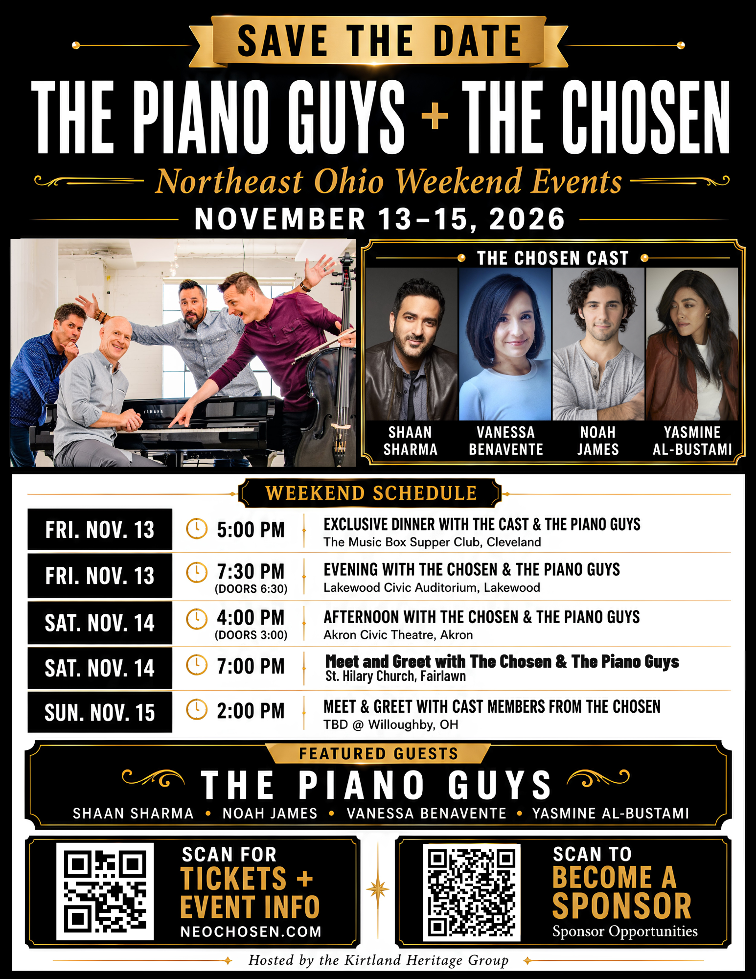 Save the Date flyer for the Piano Guys and The Chosen Northeast Ohio weekend